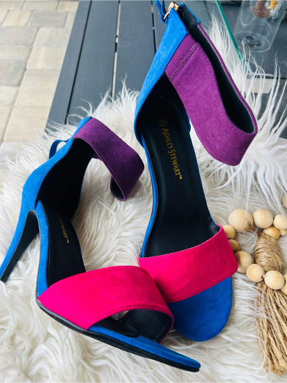Ashley Stewart Blue, Fuchsia & Purple Suede Block Heel Sandals